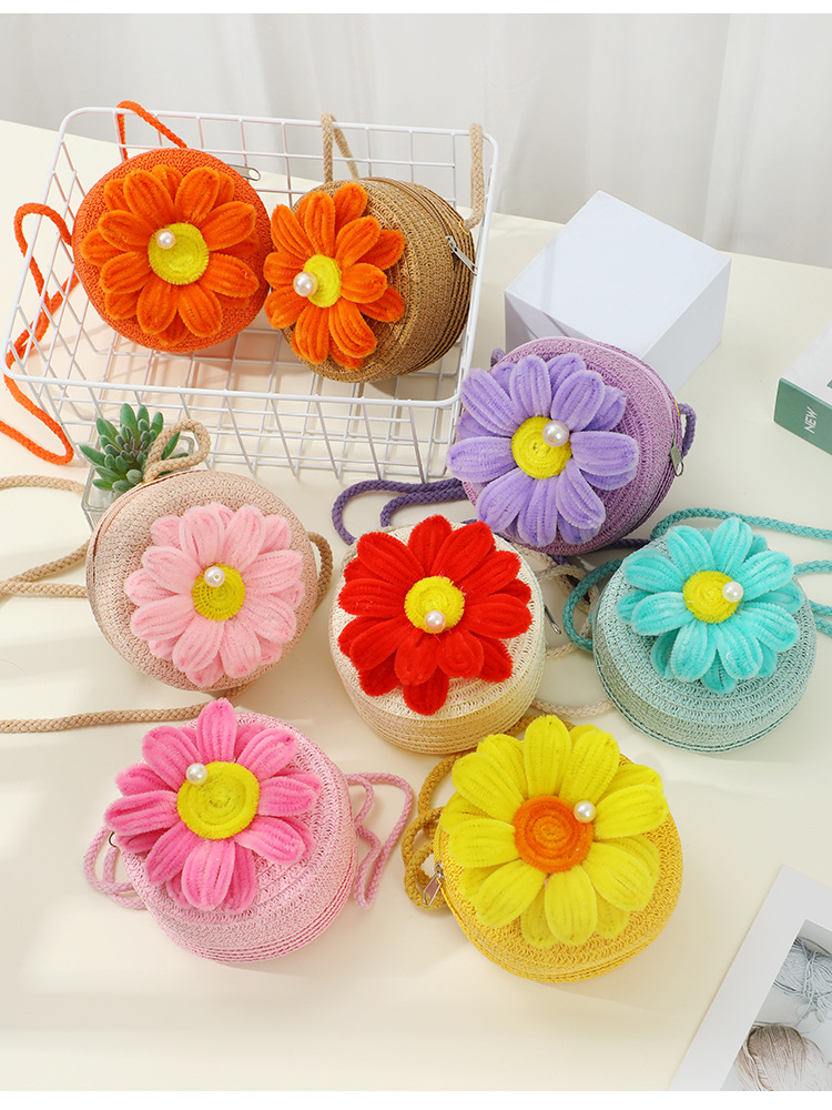 67g Weight Weave Fashion Element Zipper Closure Type Single Shoulder Strap Strap Type Straw Bag Bags Type Casual, Holiday Occasion Straw Material Flower Pattern Spring&Summer Season Kid'S Gender Cute Style Round, Bucket Shape Kid'S Straw Flower Cute Weave Round Bucket Zipper Straw Bag 7
