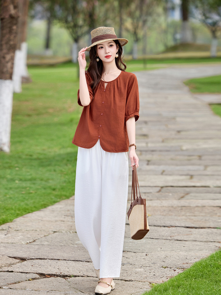 Bộ sơ mi phối quần ống đứng hai mảnh phong cách tân cổ điển MM6615 — màu sắc, xanh lá cây