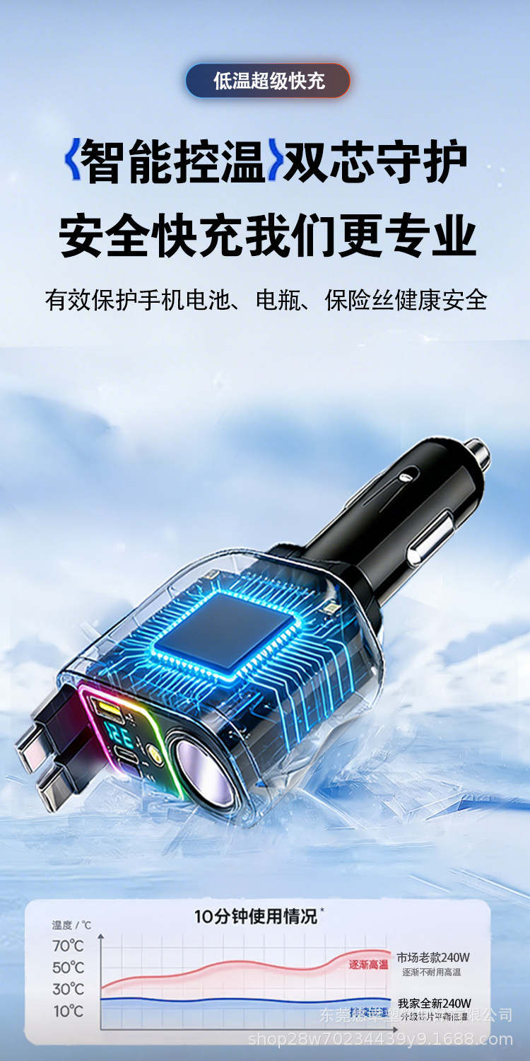 2026 Best-Selling Starry Sky Ambient Light Car Charger with Super Fast Mobile Charging, Built-in Retractable Cable, and Cigarette Lighter Extension Port