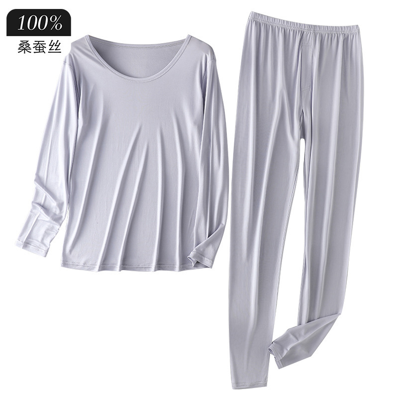 100% Mulberry Silk Men's Nine-point Sleeve Invisible Enlarge Neck Warm Underwear Set Round Neck Silk Autumn Clothes and Pants 100% Mulberry Silk Men's Nine-point Sleeve Invisible Enlarge Neck Warm Underwear Set Round Neck Silk Autumn Clothes and Pants