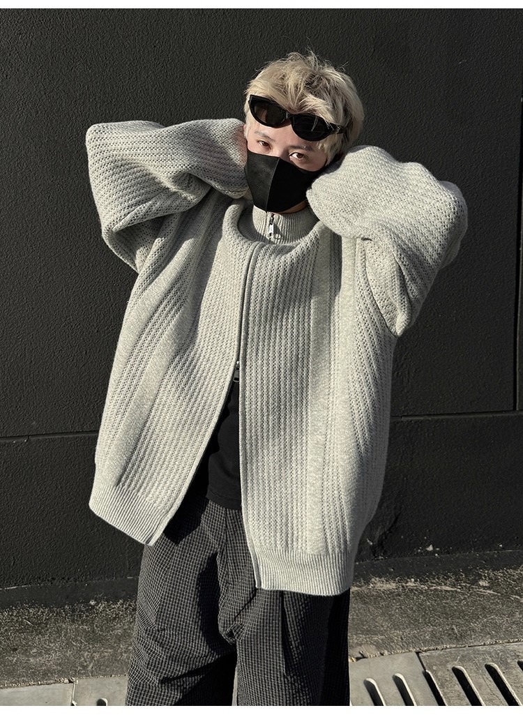 Men's Stand Collar Knit Cardigan Oversized Pullover Sweater_voghion.com