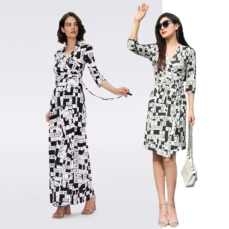 2024 New elegant women's dress white letter printed stretch knitted slim slimming lace-up wrap skirt