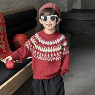 男童毛衣红色加厚儿童针织衫2026新款冬男孩毛线衣圆领宝宝打底衫