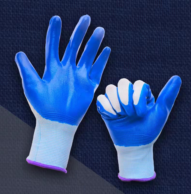 Work safety gloves, wear-resistant, oil-resistant, non-slip, protective gloves made of 13-gauge polyester woven nitrile material.