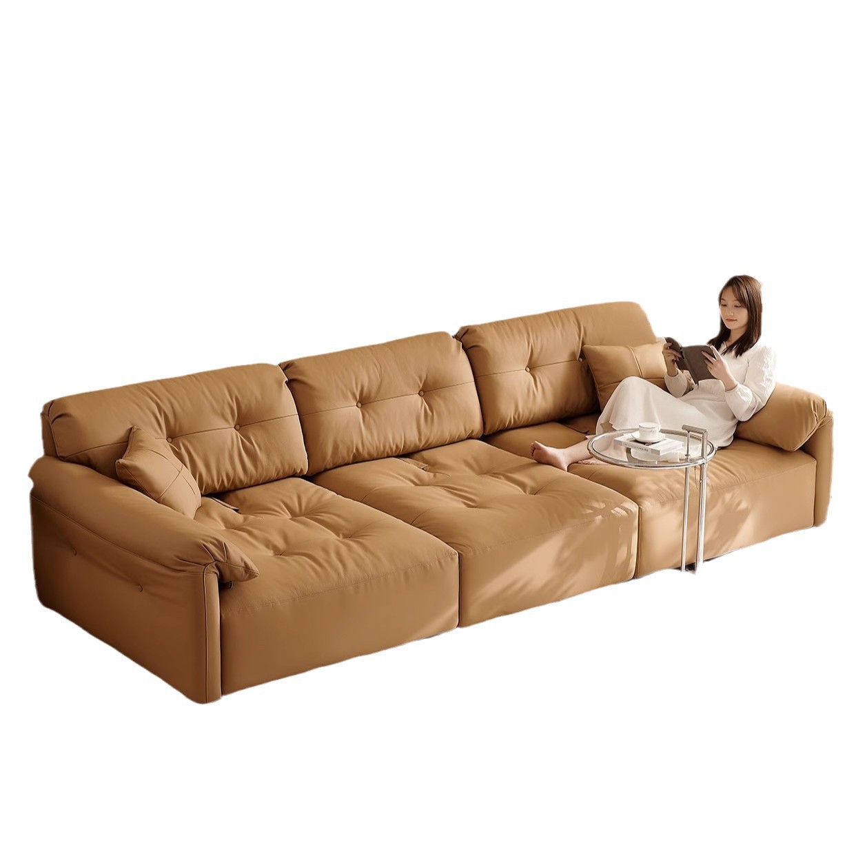 Sofá de cuero francés crema nube sala de estar retro marrón gran asiento profundo italiano minimalista sofá de orejas de elefante