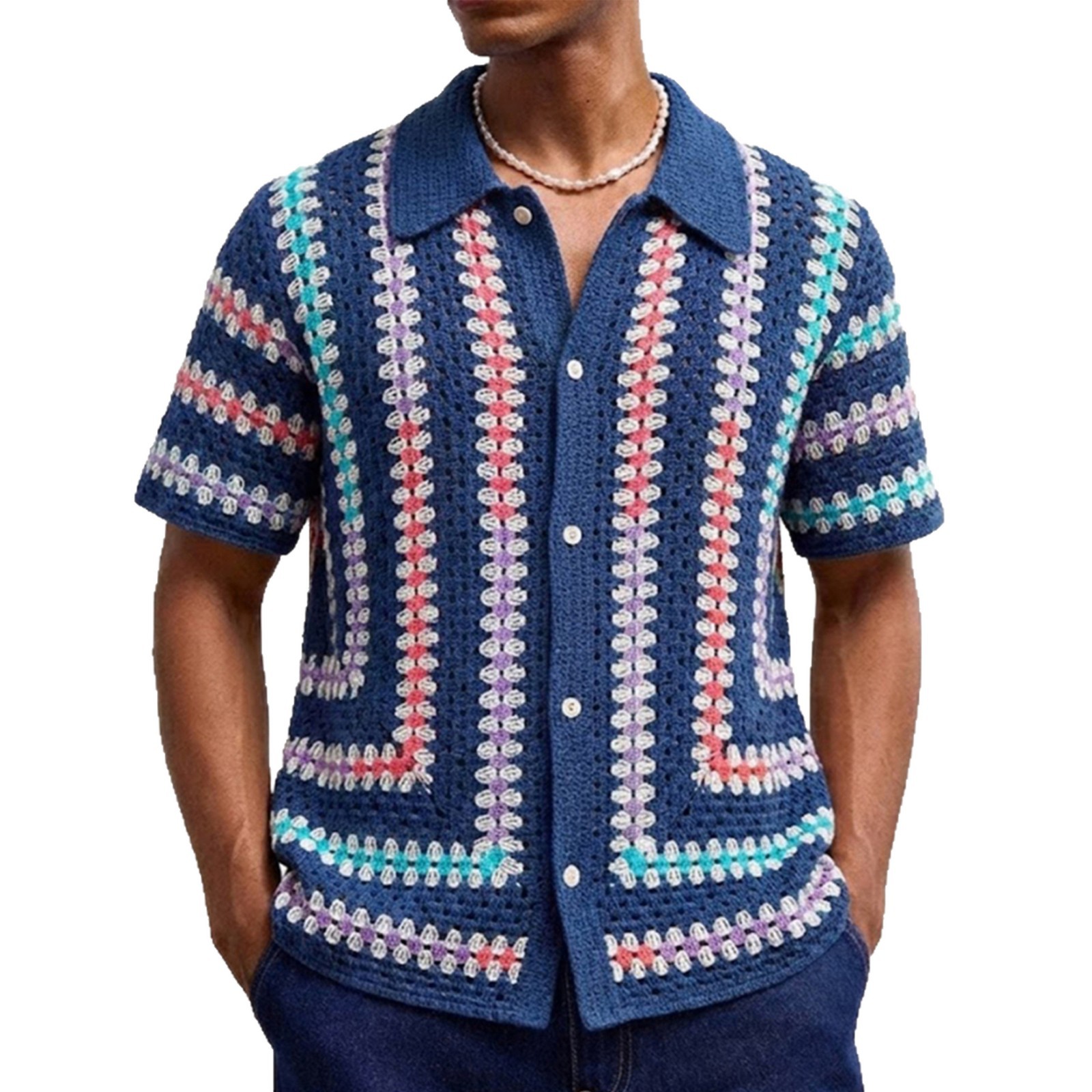 Cross-Border Fashion European And American New Water-Soluble Knitwear Men's Hollow Out Cardigan Short Sleeve Turn-Down_voghion.com