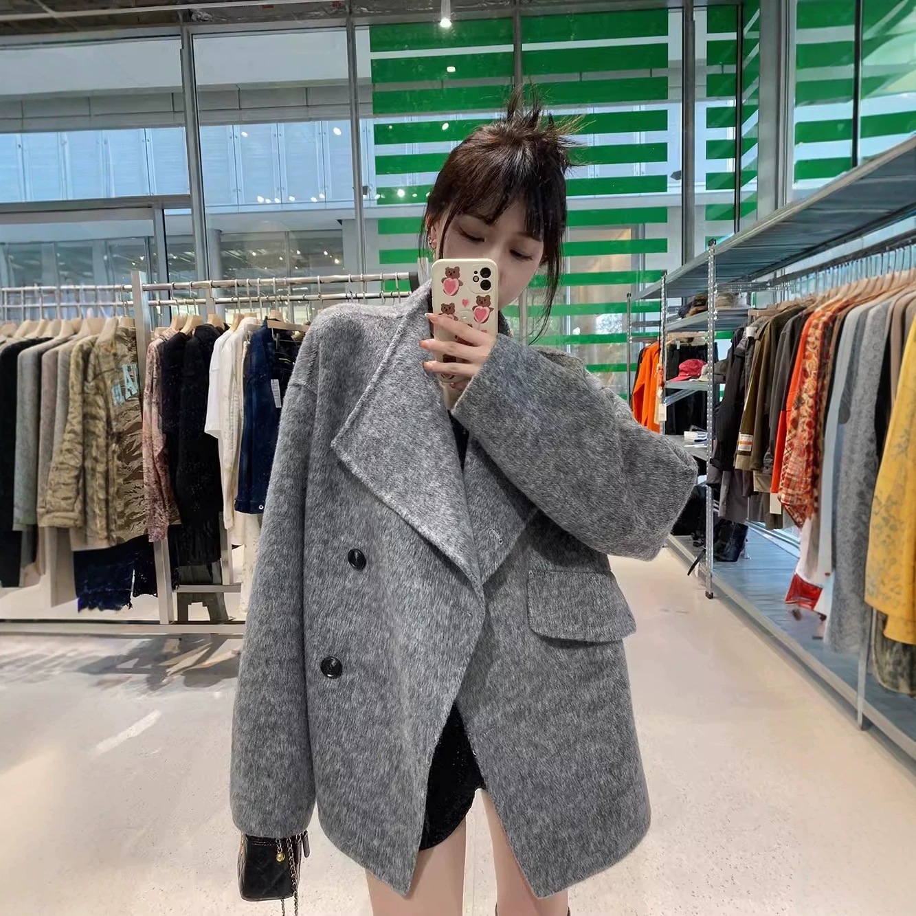 灰色龙凤呢子大衣女中长款秋冬年新款韩版高级宽松毛呢外套