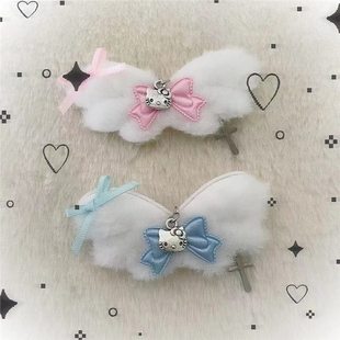 Little Witch Homemade ~ Japanese kitty Angel Plush Wings Hairpin Cute Joker Bow Bud Side Clip