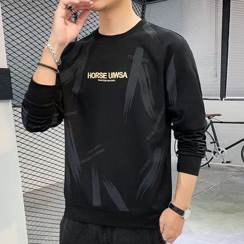 New men's spring and autumn versatile long-sleeved t-shirt crew neck casual base shirt loose printed fashion top