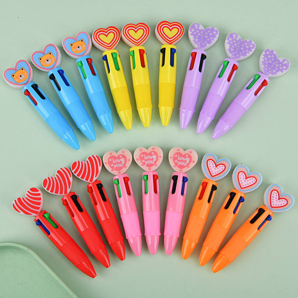Cross-border encantador dibujos animados bolígrafo de cuatro colores creativo regalo de San Valentín bolígrafo multicolor en forma de corazón bolígrafo de amor al por mayor
