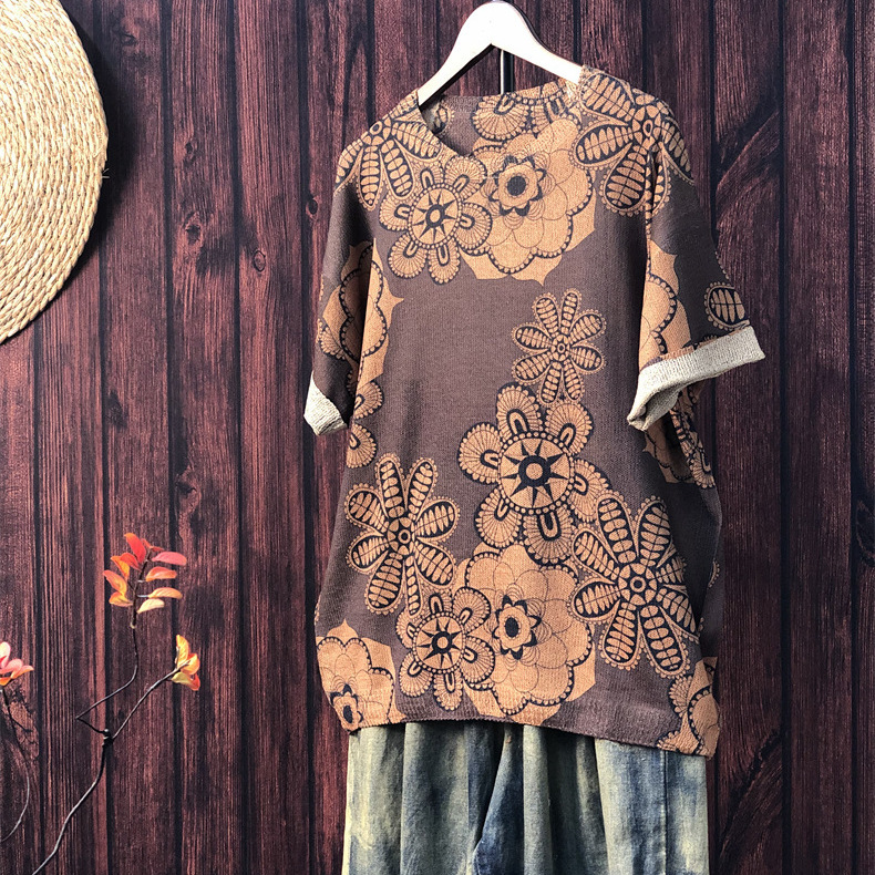 2024 Summer New Original Printed Knitwear Casual plus size Loose Flower Pattern Hemp Thin Women's Short Sleeve
