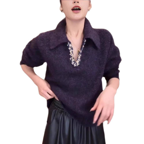 2025 Fashion Knit Sweater Long Sleeve Trendy Purple Women's Sweater 2025 Autumn/Winter New Arrival Lazy Loose Top