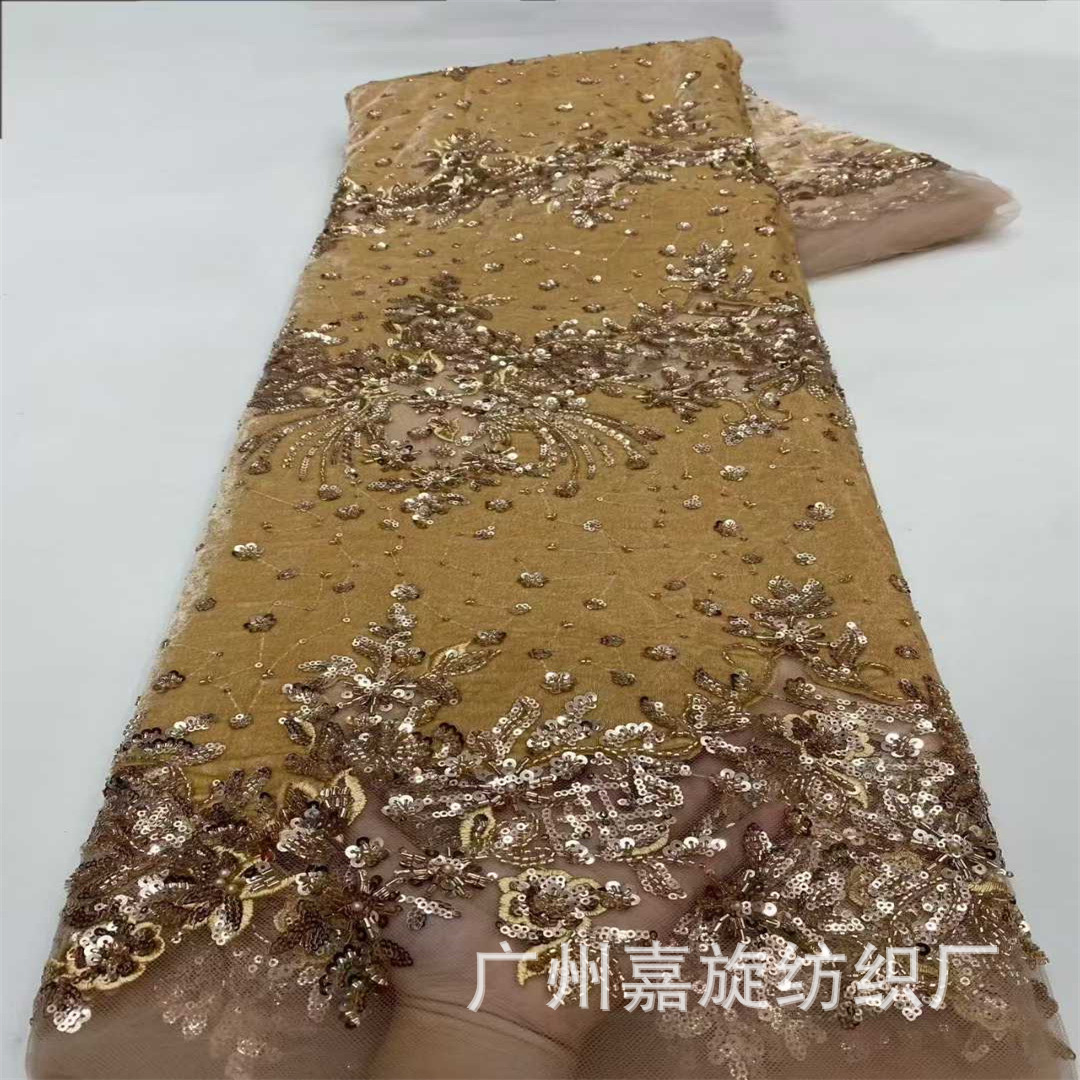 外贸新款刺绣绒布亮片珠管绣花布时尚连衣裙时装舞台礼服面料lace