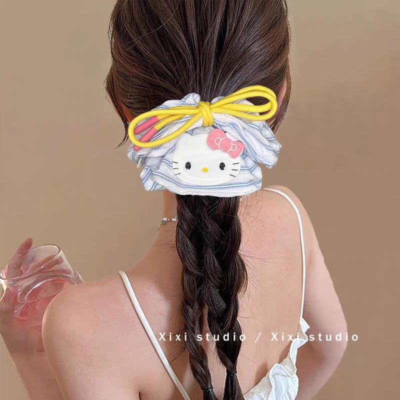 甜美Kitty猫蝴蝶结大肠发圈女蓝色条纹扎头发皮筋丸子头发绳头饰|undefined