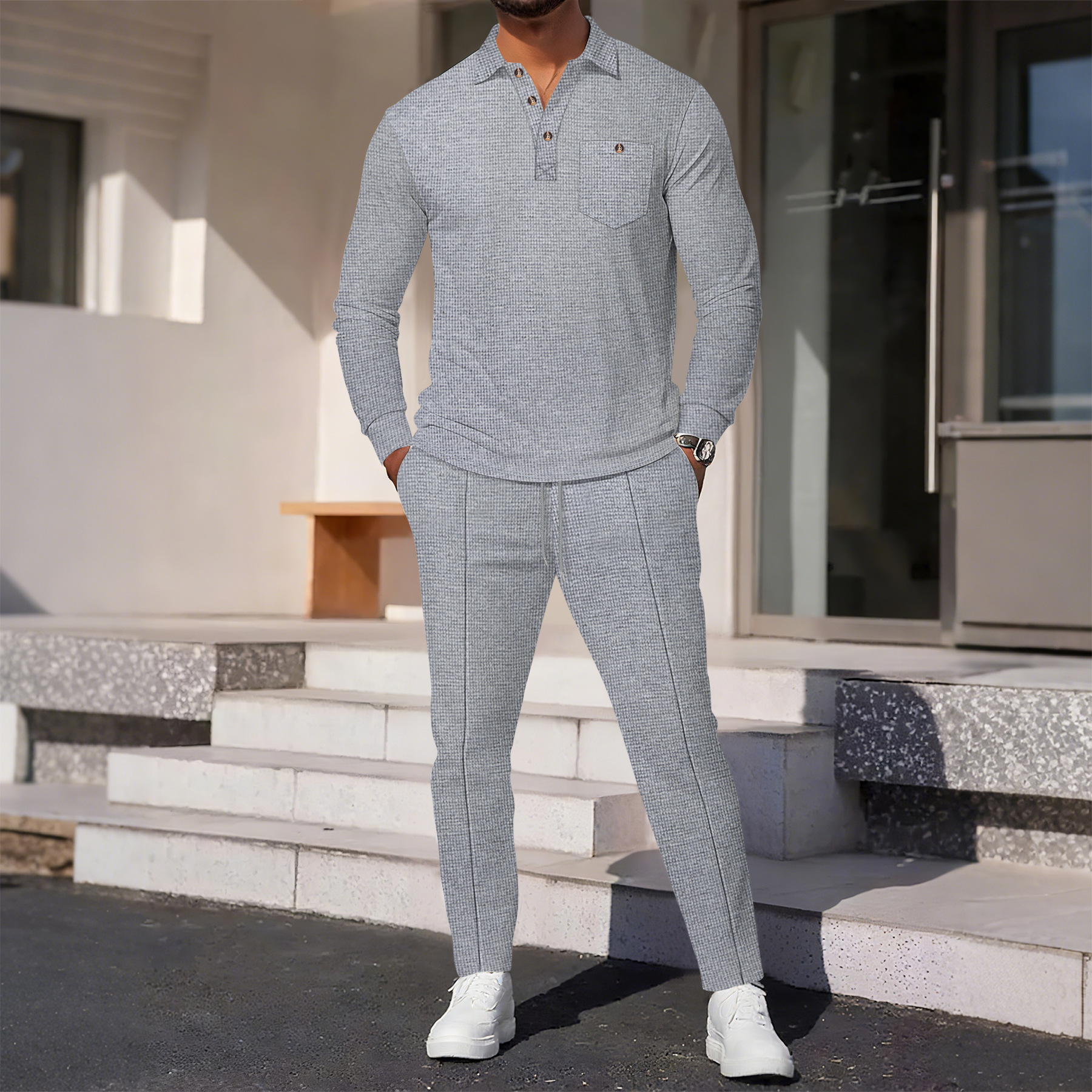Men's Waffle Knit Shirt And Trousers Suit Casual Long Sleeve Set_voghion.com