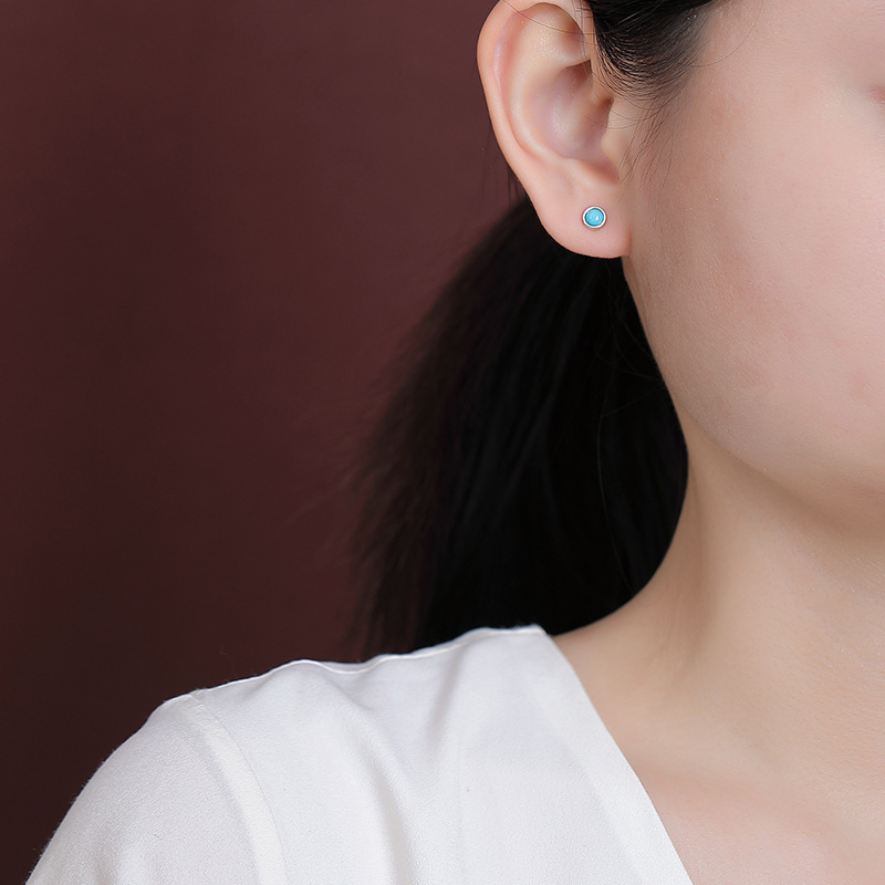 Bông tai bạc S925 hình tròn đính đá turquoise phong cách hình học nhỏ — một cặp