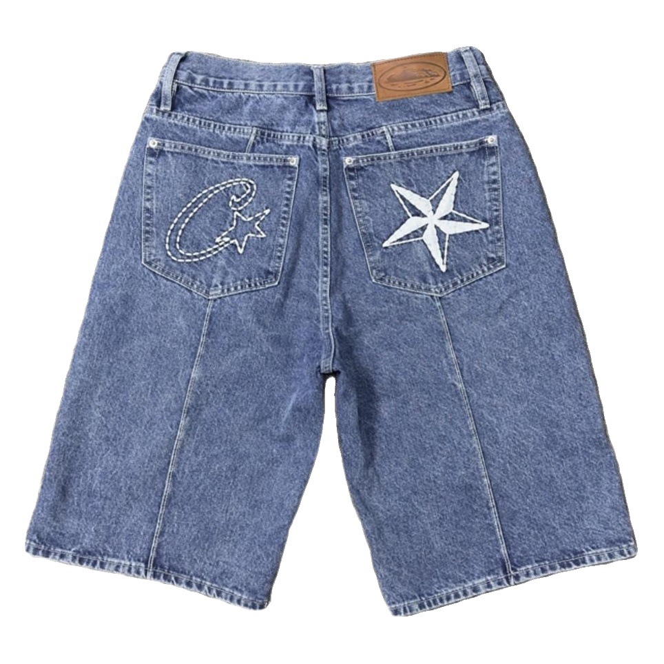 Pantalones Cortos Casuales de Mezclilla Alcatraz con Bordado de Estrella, Estilo Americano Vintage, Desgastados, a la Moda