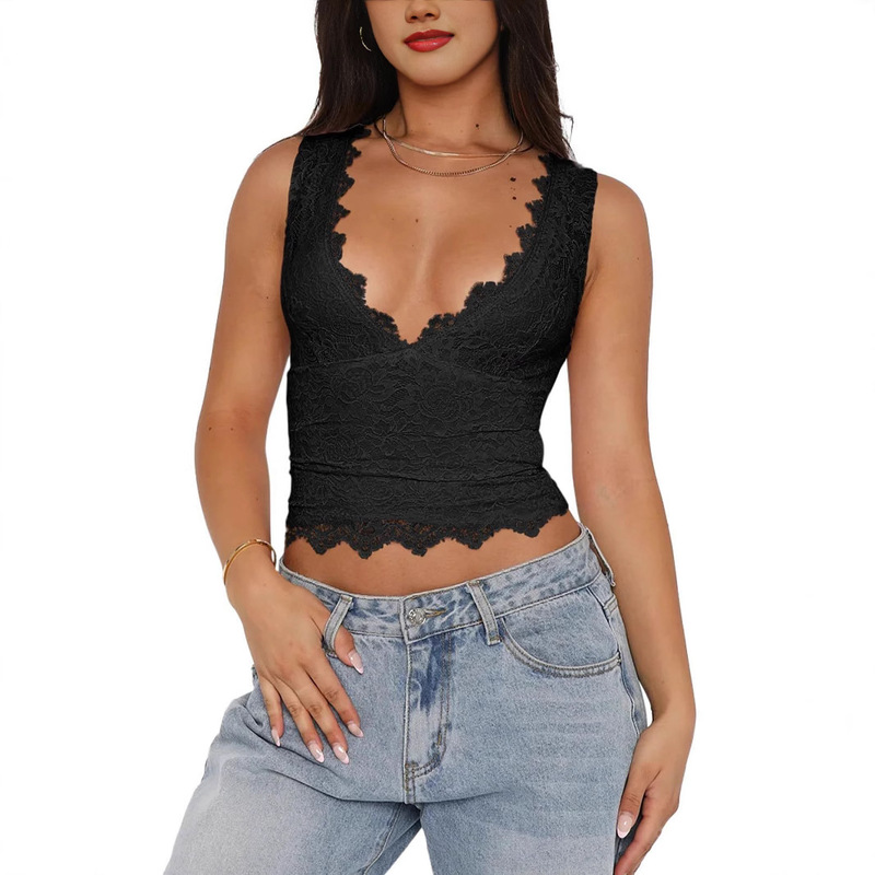 2025 Amazon Lace Stitching Sling Women's Vest European and American Sexy Large V-neck Slim Short Top 2025 Amazon Lace Stitching Sling Women's Vest European and American Sexy Large V-neck Slim Short Top