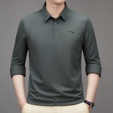 2024秋款品牌男装T恤中年爸爸商务休闲高档上衣桑蚕丝长袖体恤衫