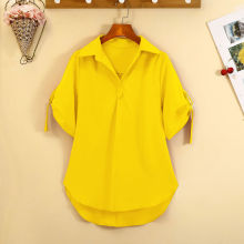 中长款衬衣女2024夏女装纯色显瘦Polo雪纺衫短袖衬衫上衣显瘦设计