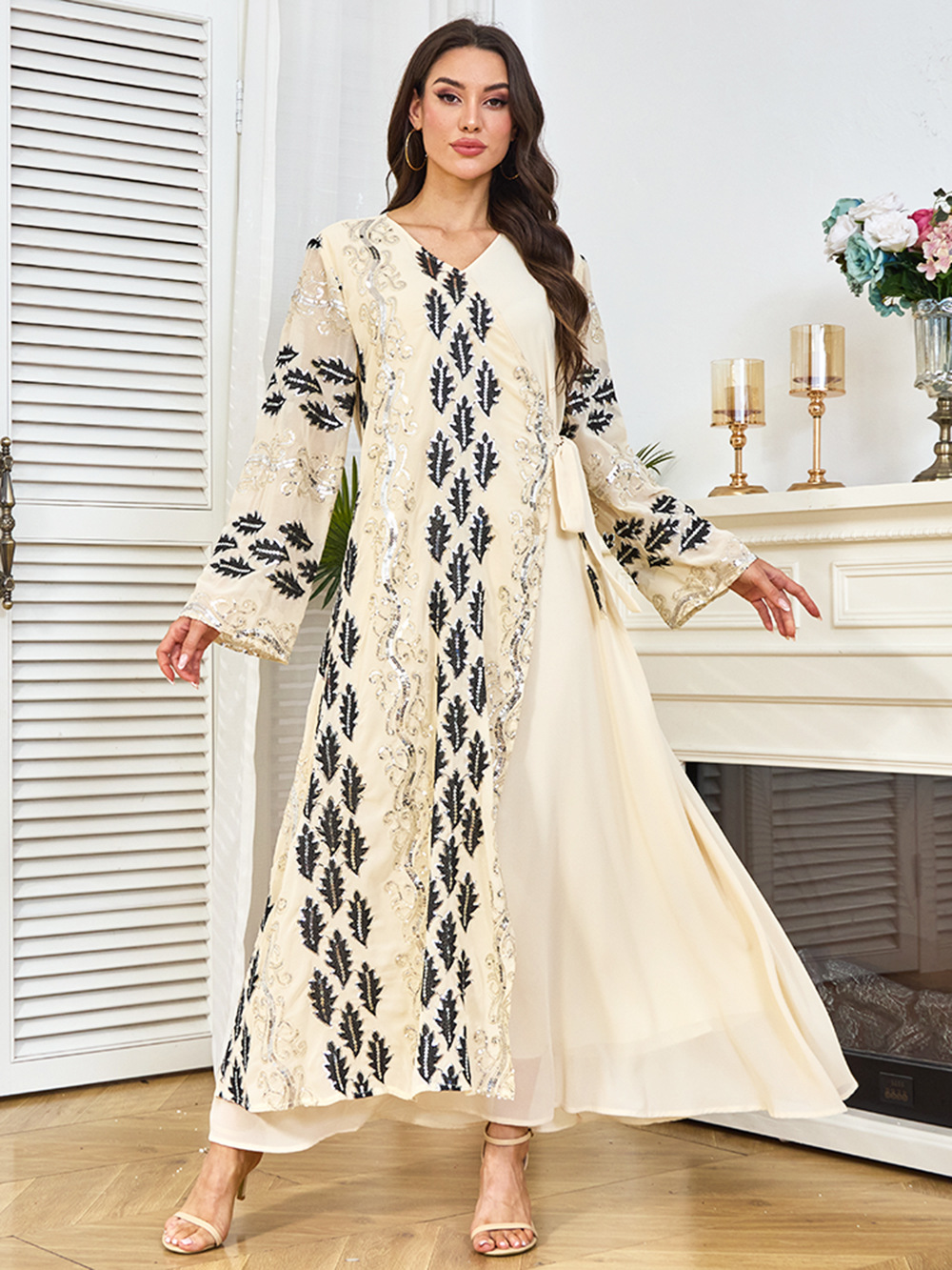 New Cross-border Dubai Abaya Clothing, Abaya, Middle Eastern Dress, Long-sleeved Sequined Arabic Gown_ecoleips.com