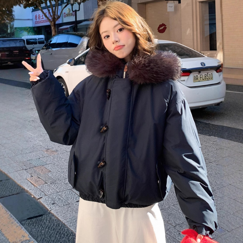羽绒棉服女工装派克服毛领连帽牛角扣外套冬季2025宽松加厚保暖|undefined