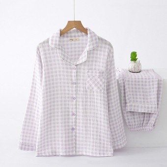 春秋纯棉双层纱布女士可外穿格子睡衣套装日系夏季家居服日系简约