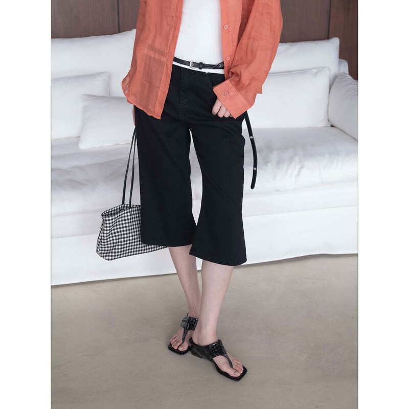Loufu early autumn new Korean-style retro fashionable slim-fit flared mid-length pants, slightly stretchy capri denim cropped pants for women Loufu early autumn new Korean-style retro fashionable slim-fit flared mid-length pants, slightly stretchy capri denim cropped pants for women