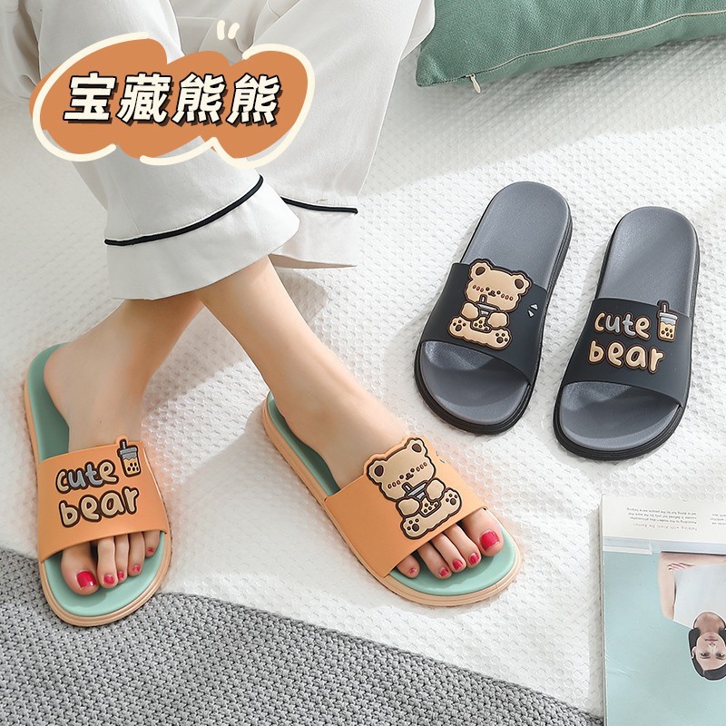 Sandals and Slippers for Women Summer 2025 New Cute Milk Tea Bear Home Indoor Bath Non-slip Couple Household Slippers for Men