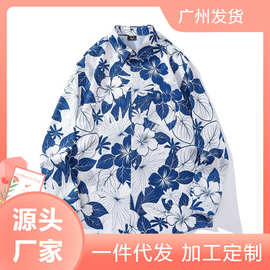跨境外贸新款hiphop植物花卉印花长袖衬衫外套男秋潮牌情侣花衬衣
