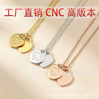 高版T家时尚双心爱心项链女白铜镀银CNC钢印心形字母百搭吊坠项饰