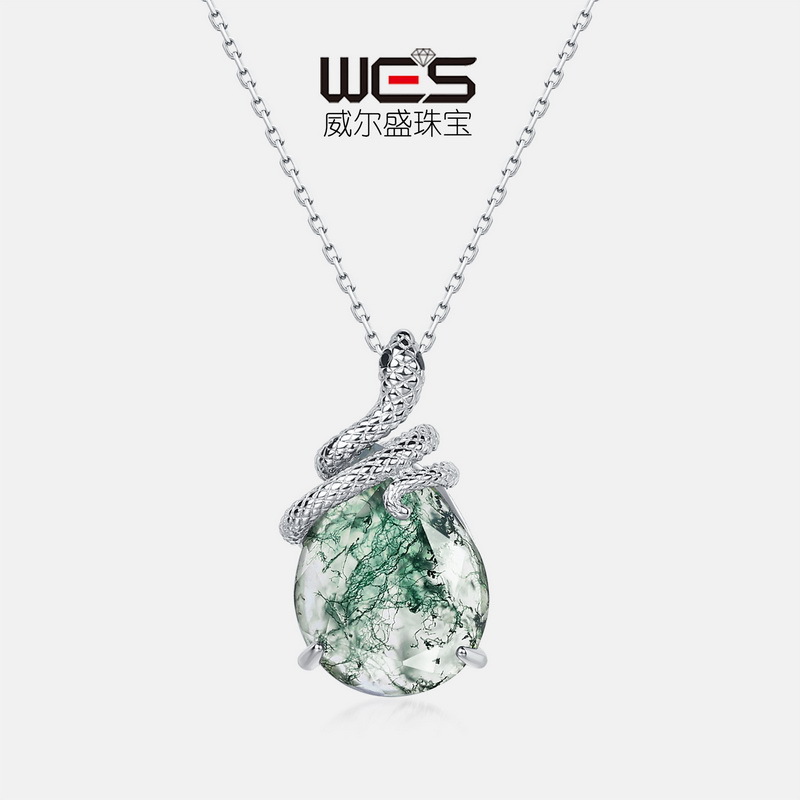Colgante de piedra de musgo verde natural enrollado por serpientes espirituales transfronterizas Colgante de ágata de hierba con incrustaciones de plata S925 femenino Estilo europeo y americano