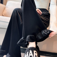 实拍金丝绒荷叶边阔腿裤女2025秋冬高腰显瘦直筒九分裤休闲裤子