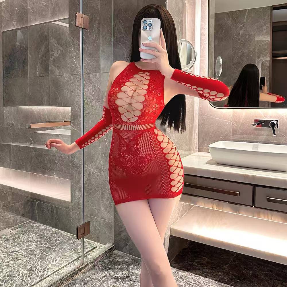 Purely Alluring See-Through Lace Net Dress, Slim-Fit Bodycon Mini Lingerie in Red, One Size — detail image 1