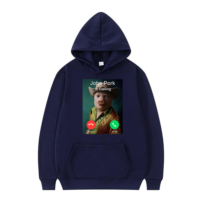 John Poket Is on the Phone Humorous and Interesting Pig Lover Printed Sweatshirt Men's Autumn and Winter Velvet Sweatshirt