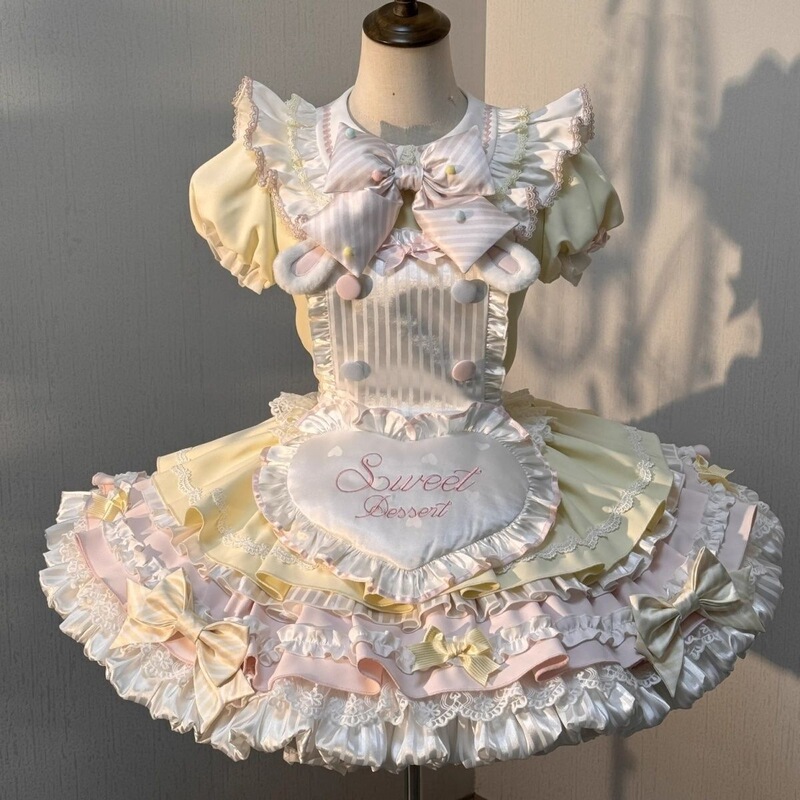 Cute and Soft Lolita Dress Two-Piece Set Sweet Bunny Chef Op Apron Double-Layer Pom-Pom Bow Princess Dress