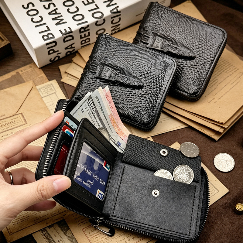 Amazon Men's Wallet Creative Pattern Large Capacity Oil Wax Imitation Cowhide Pressed Crocodile Head Short Zipper Wallet