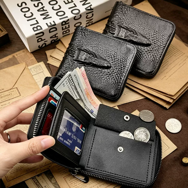 Amazon Men's Wallet Creative Pattern Large Capacity Oil Wax Imitation Cowhide Pressed Crocodile Head Short Zipper Wallet