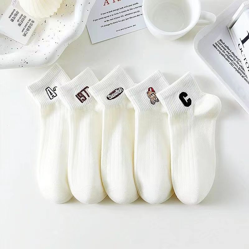 5 pares de calcetines para el cabello, transpirables y absorbentes de sudor para mujer, calcetines delgados con letras de dibujos animados, calcetines con lazo, malla de verano