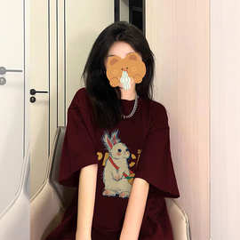 2023欧美短袖正肩宽松女t恤小个子美式复古潮牌红色上衣夏季体恤