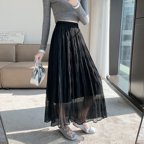 Summer Pleated Half-Body Skirt 2025 High-Waisted Pleated Skirt Large Swing Umbrella Skirt Mid-Length Fashion Sheer Dress