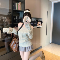 温柔气质一字肩别致针织衫女2025早秋辣妹纯色设计感百搭长袖上衣