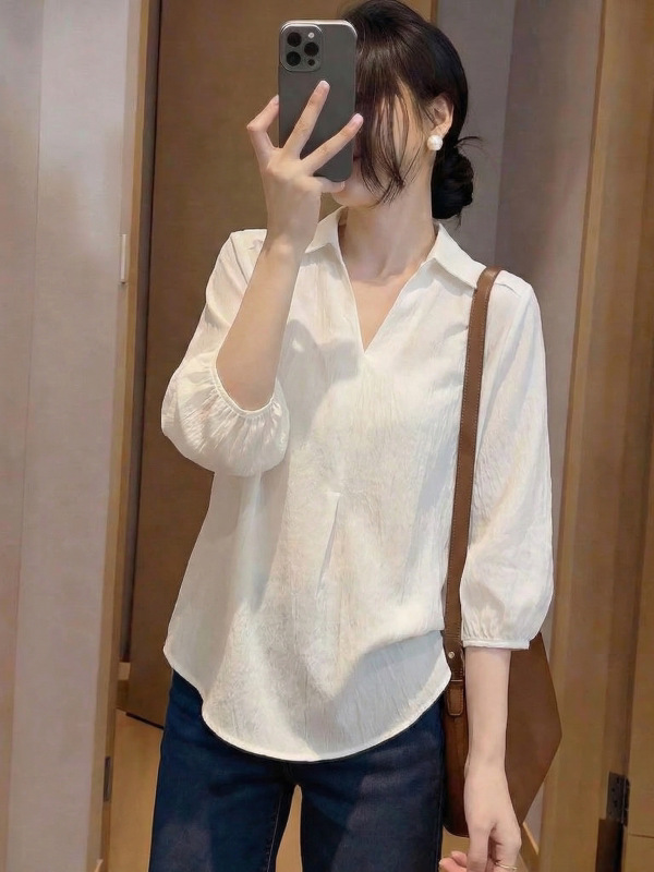 Áo sơ mi nữ tay ngắn cổ V phom rộng thiết kế đơn giản — màu đen