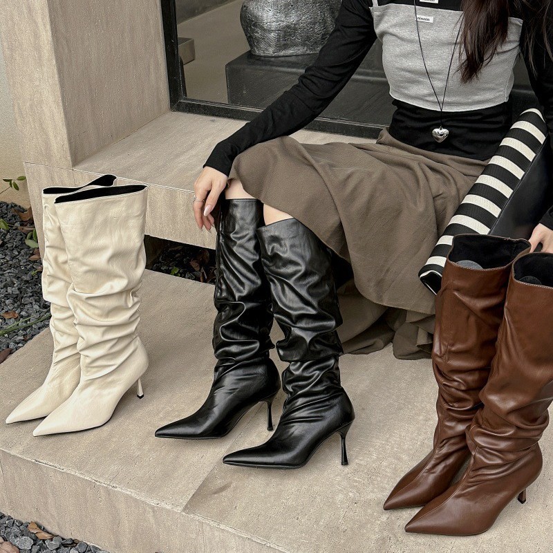 长靴女大筒围黑色高跟欧美风高筒靴子2025年冬尖头细跟骑士堆堆靴