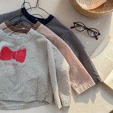 女童长袖T恤宝宝韩系蝴蝶结印花格子可爱打底衫休闲上衣t外贸童装