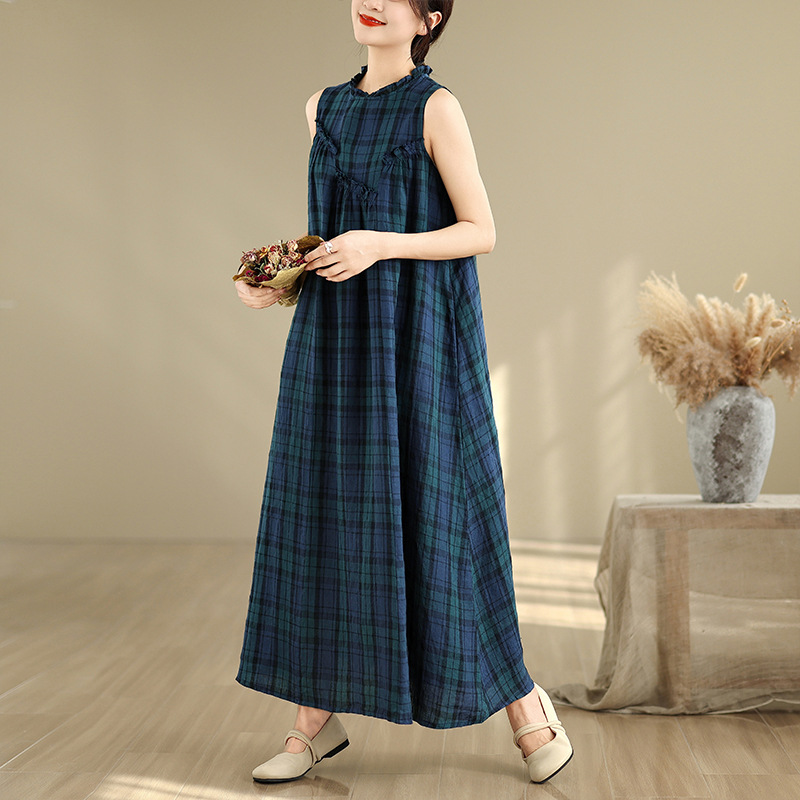2025 summer new cotton and linen plus size plaid vest skirt chest stitching wooden ear sleeveless dress
