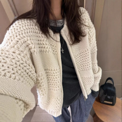 复古重工菠萝针粗针织毛衣外套女圆领加厚保暖拉链开衫秋冬新款