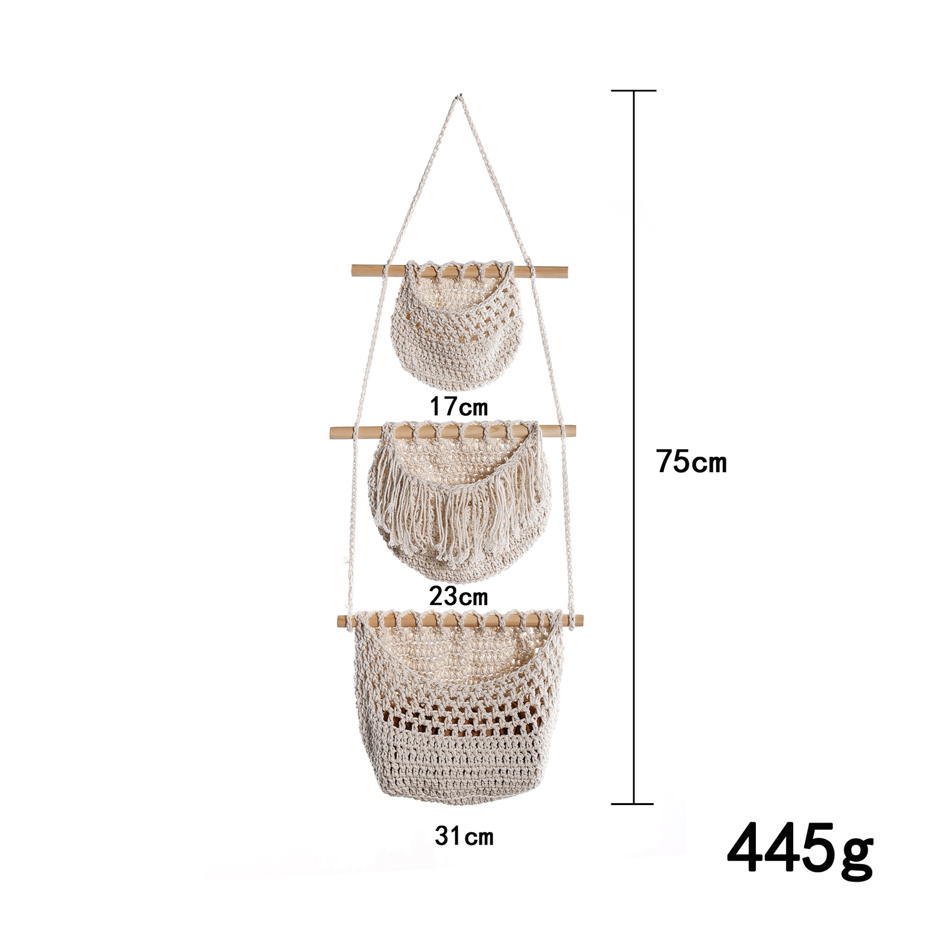 Estante de almacenamiento de la puerta cuerda de algodón cuerda colgante de pared cesta colgante de pared de 3 capas estante de almacenamiento libro artículos diversos bolsa colgante de almacenamiento