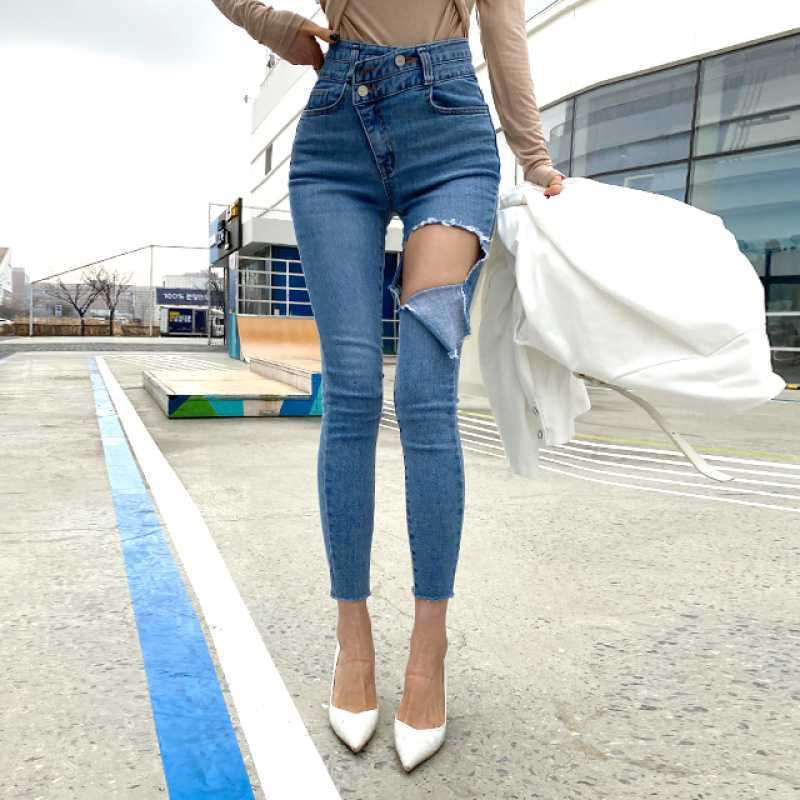Korean Style New High-Waisted Washed Diagonal Button Single-Leg Ripped Slim-Leg Jeans