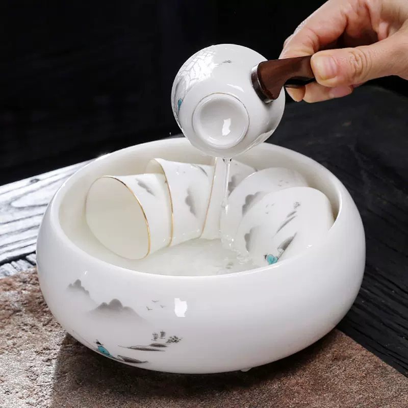 羊脂玉茶洗大号水盂家用笔洗白瓷茶杯碗茶渣缸茶道功夫茶具缸茶盘